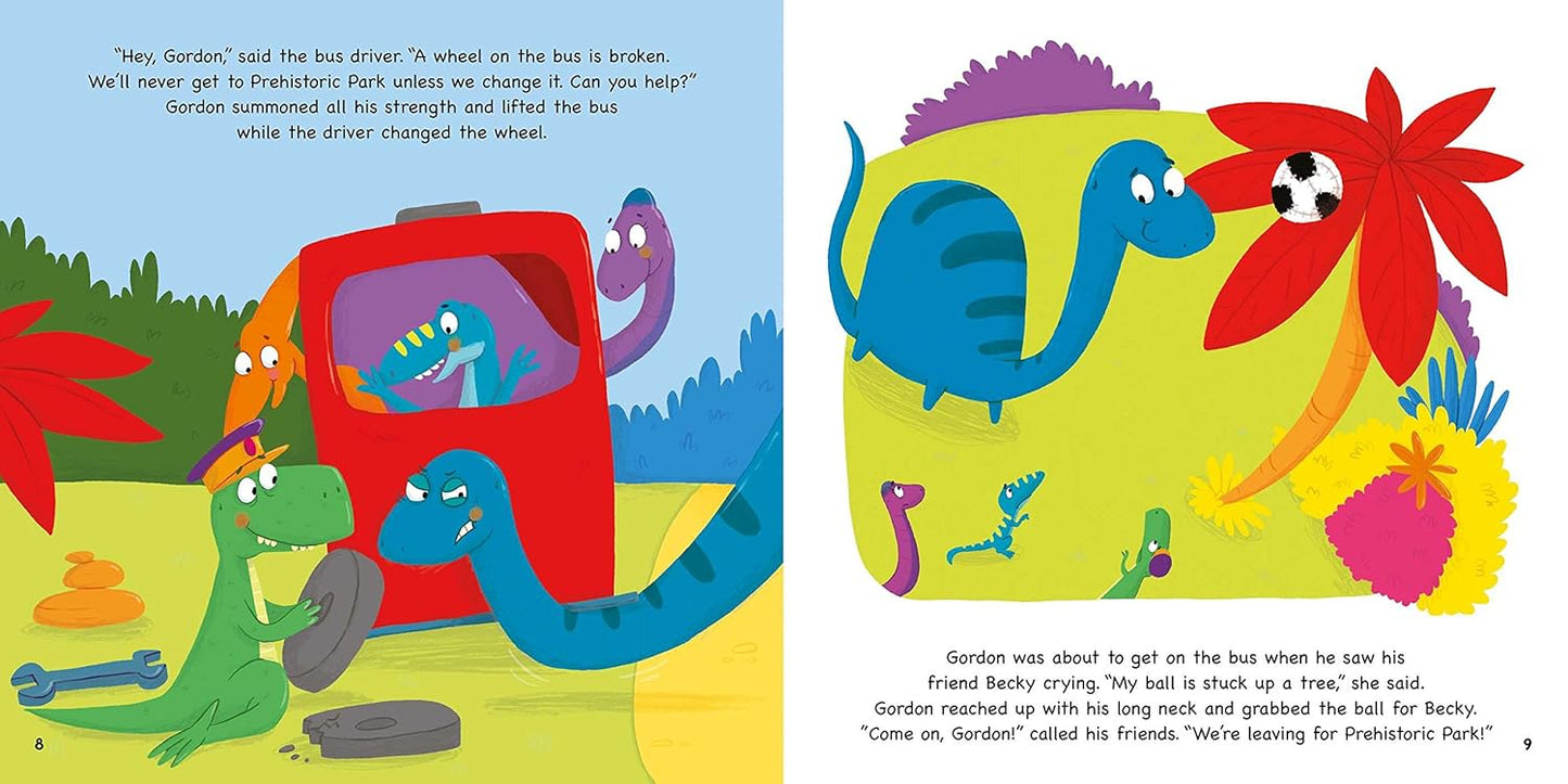 Illustrated book page from My First Treasury of Dinosaur Stories with colorful dinosaurs and a bus in a cartoonish landscape.