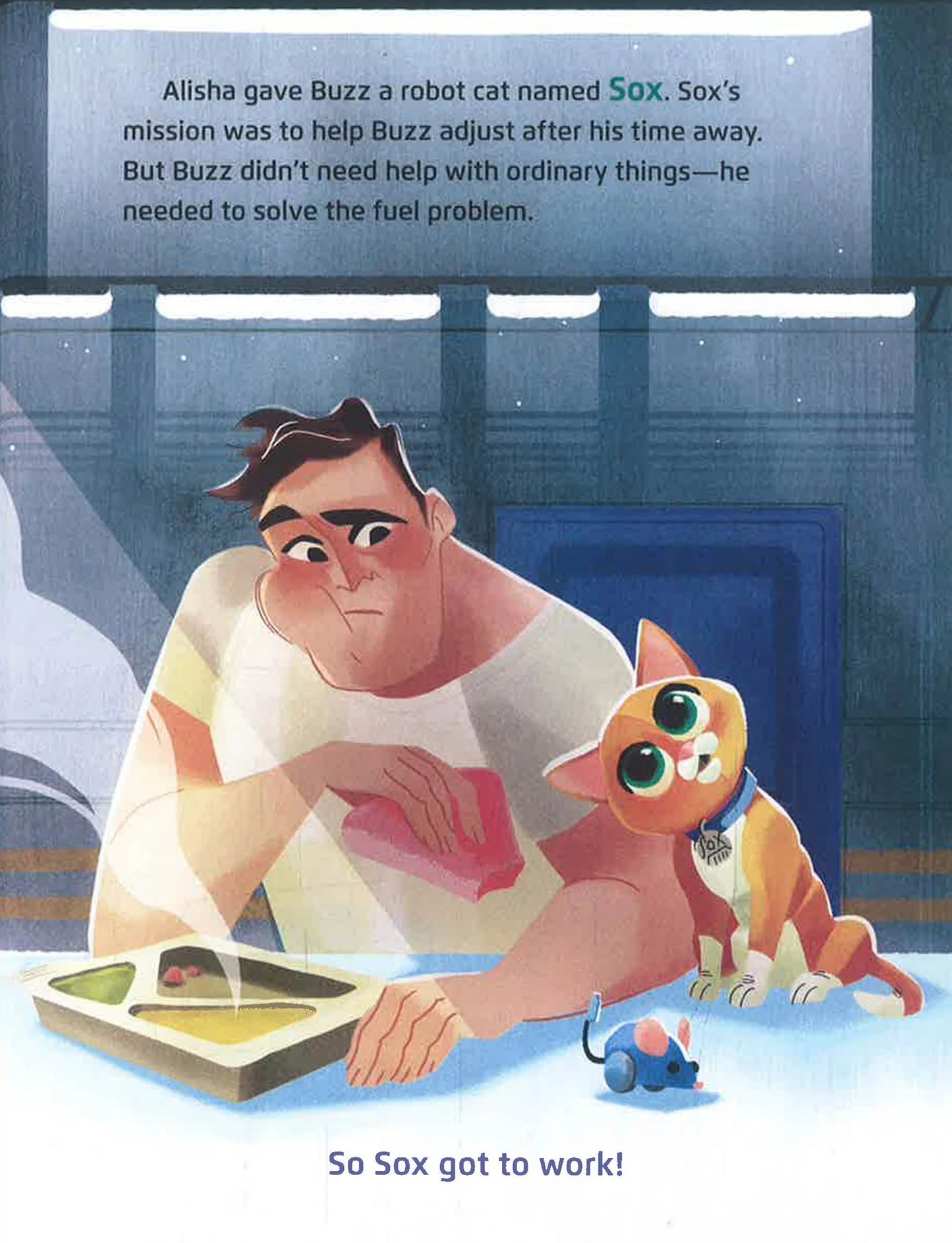 Illustration of a Buzz Lightyear with a robot cat named Sox on a blue background from Disney Pixar Lightyear Little Golden Book.