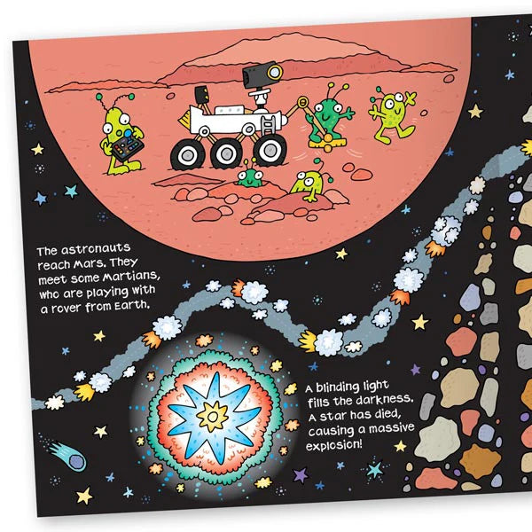 Illustration of extraterrestrial beings on Mars with a starry night sky and celestial body from Convertible Spaceship by Miles Kelly.