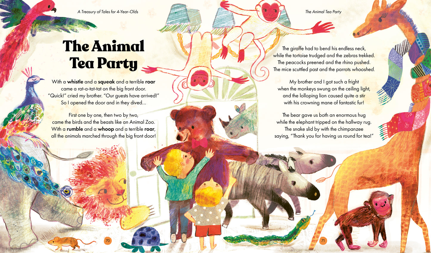 Illustrated children's book page titled 'The Animal Tea Party' with colorful animals and characters from Treasury of Tales for Year 4 Odds, written by Gabby Dawnay with illustrations by Heidi Griffiths.