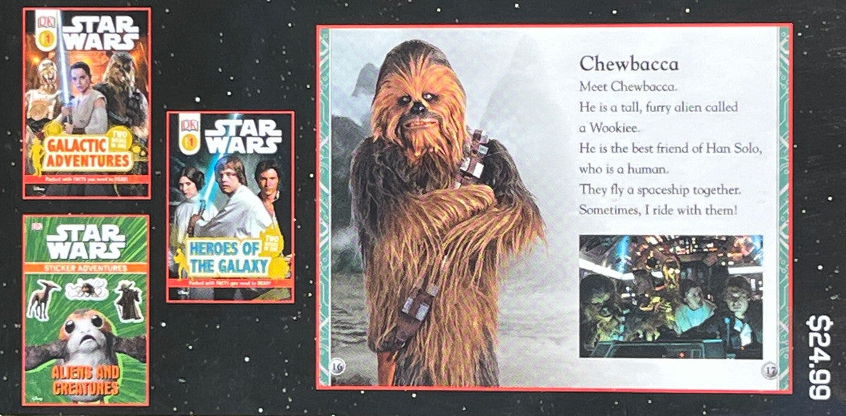 Collection of Star Wars-themed books with a Chewbacca card on a starry background from Learn to Read With Star Wars (Level 1, Includes 3 Amazing Books and a Poster)