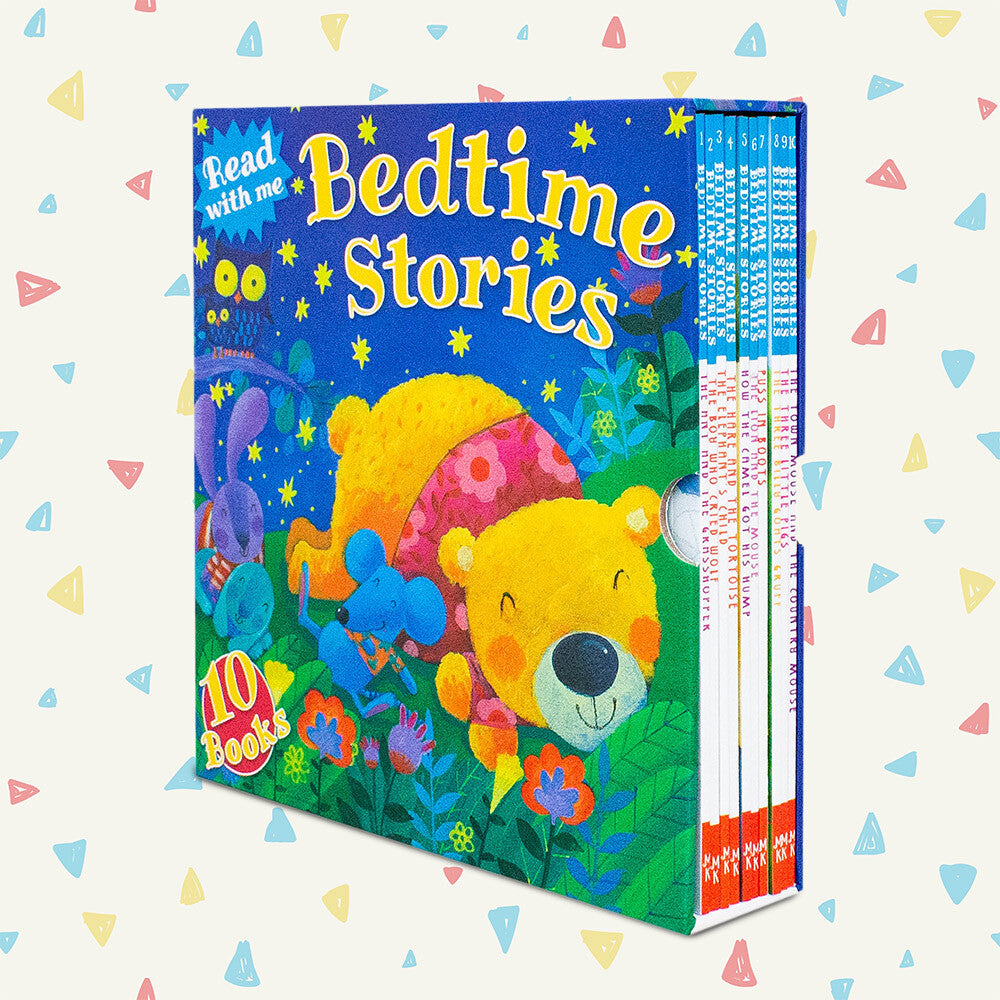 Set of children's bedtime story books with a colorful bear illustration on the cover.