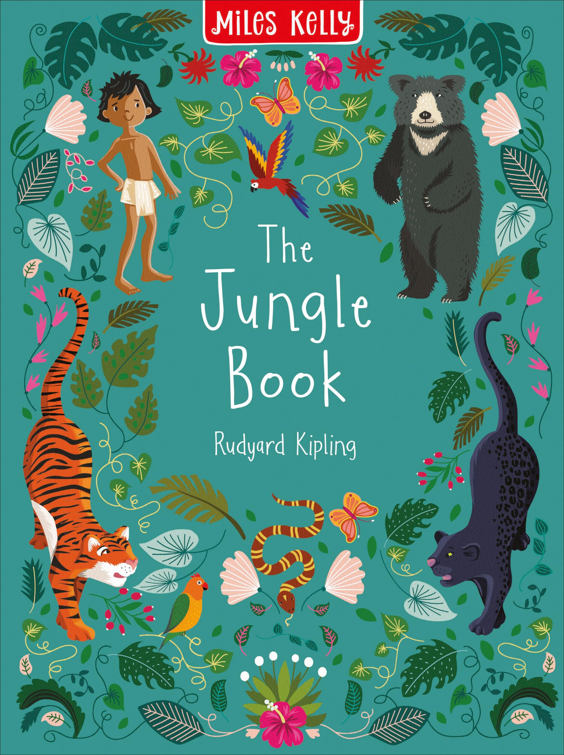 Book cover of 'The Jungle Book' by Rudyard Kipling with illustrations by Miles Kelly of a boy, bear, tiger, and panther on a blue background.