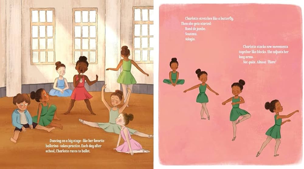 Illustrations of children dancing in a classroom and on a pink background with text in the book Charlotte and the Nutcracker: The True Story of a Girl Who Made Ballet History.