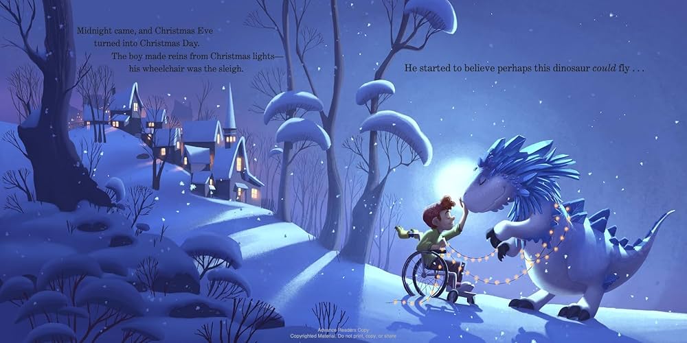 Illustration of a child and a dinosaur in a snowy landscape with Christmas lights from The Christmasaurus by Tom Fletcher