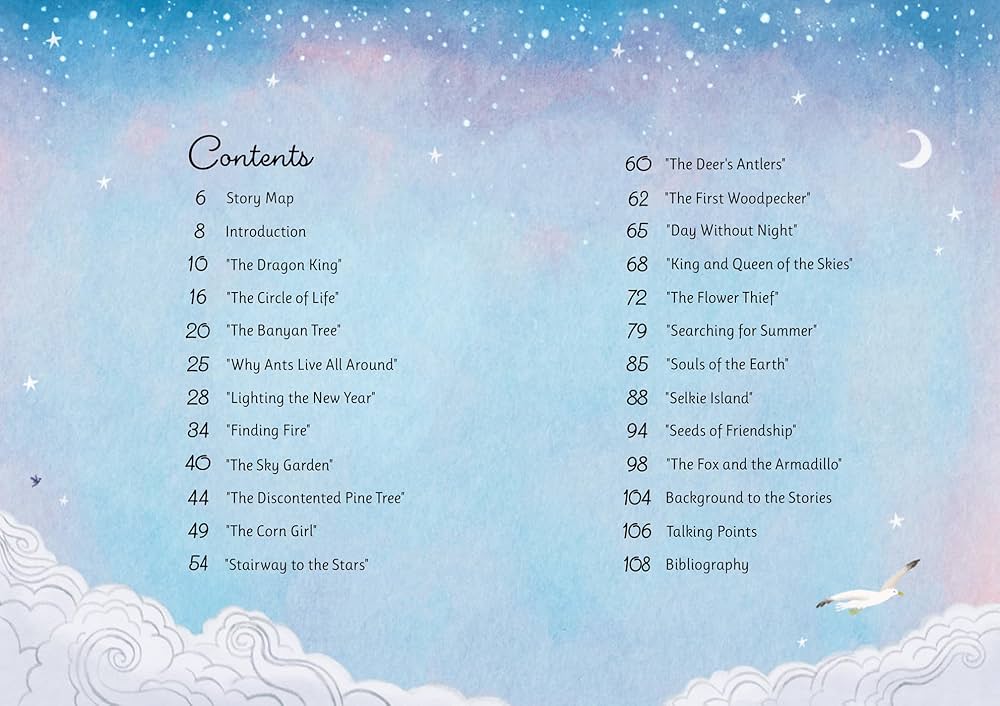 Table of contents from Earth, Sea and Stars: Inspiring Tales of the Natural World by Isabel Otter with celestial design on a blue and pink sky.