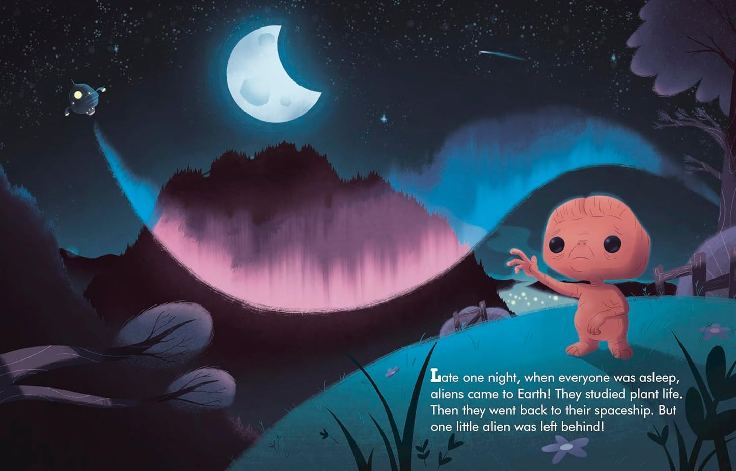 Illustration of an alien in a forest at night with a crescent moon from E.T. the Extra-Terrestrial (Funko Pop!) (Little Golden Book).