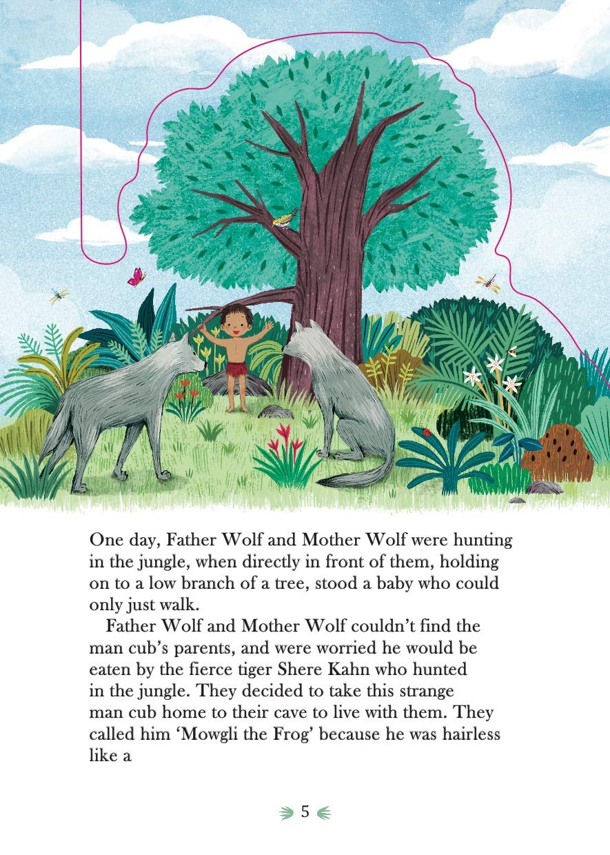 Illustration by Xuan Lee of a The Jungle Book with animals and a child, accompanied by text.