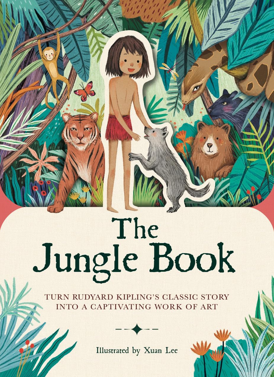 Book cover of 'The Jungle Book' with illustrations by Xuan Lee of a Mowgli, animals, and foliage.