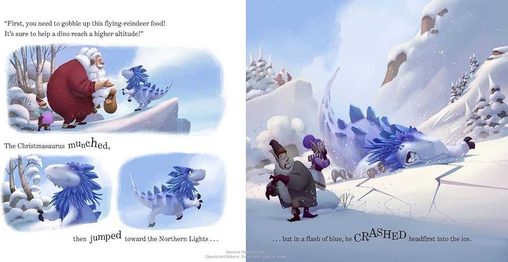 Illustration of a dinosaur in a snowy scene with text from The Christmasaurus by Tom Fletcher.