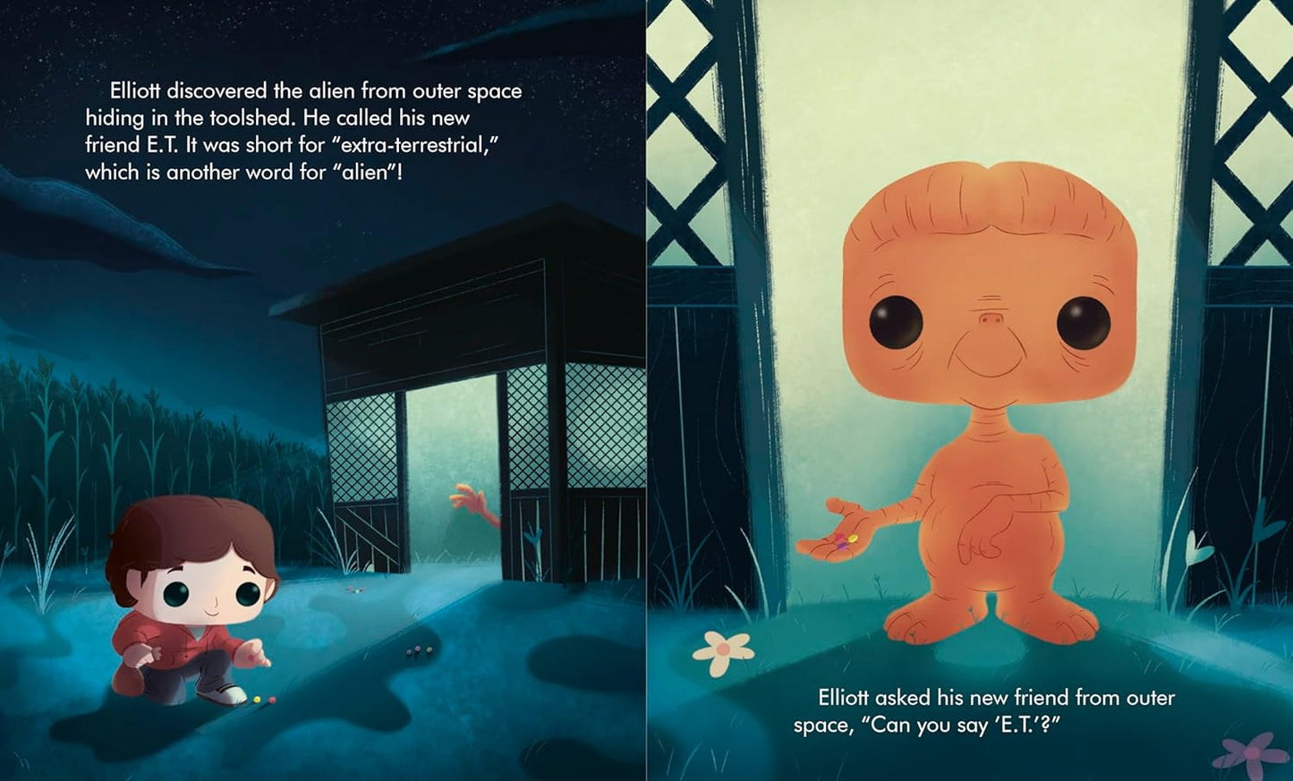 Illustration of a child and an alien from E.T. the Extra-Terrestrial (Funko Pop!) (Little Golden Book).