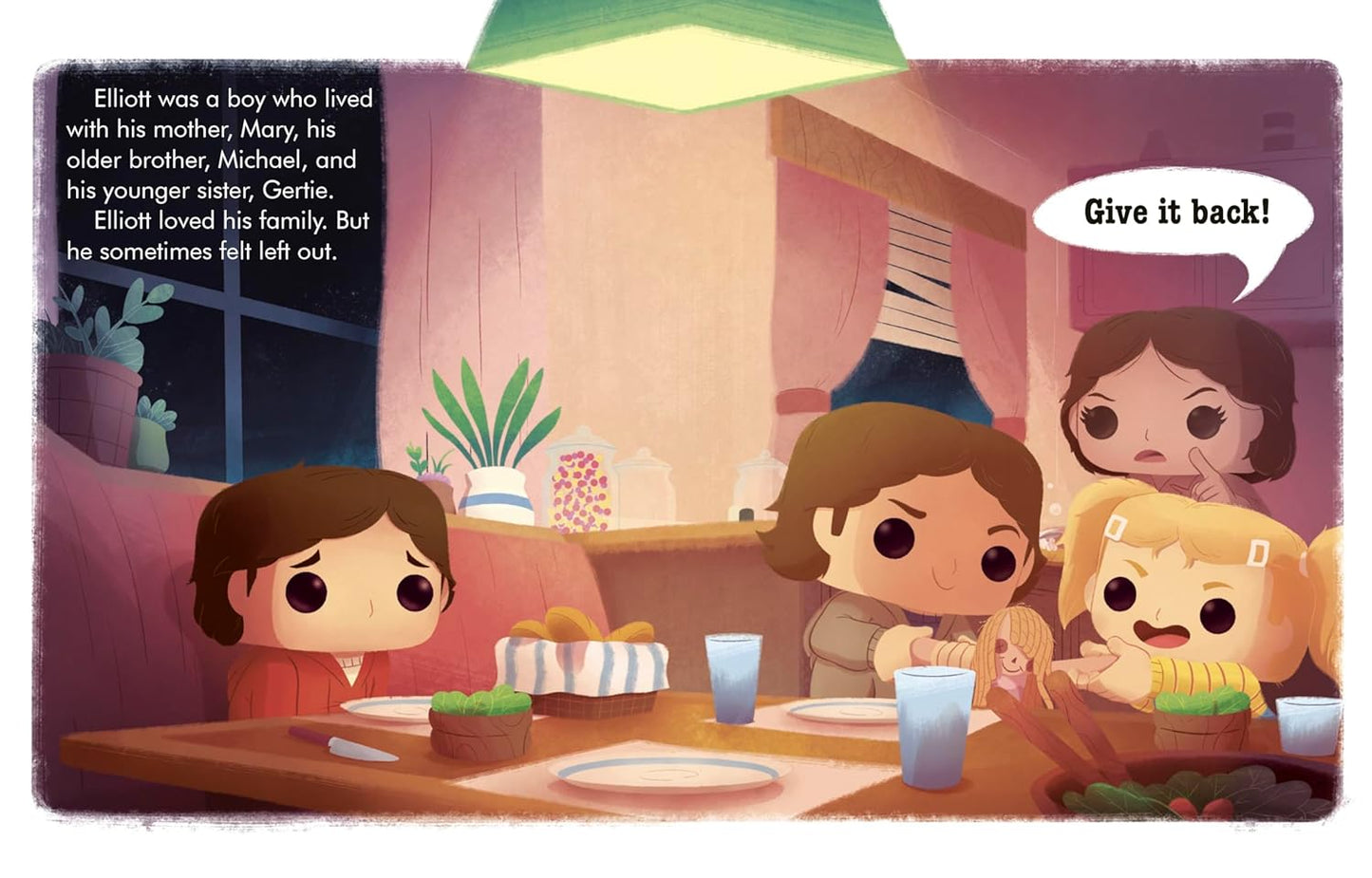Illustration of children at a dinner table with a toy dinosaur, from E.T. the Extra-Terrestrial (Funko Pop!) (Little Golden Book).