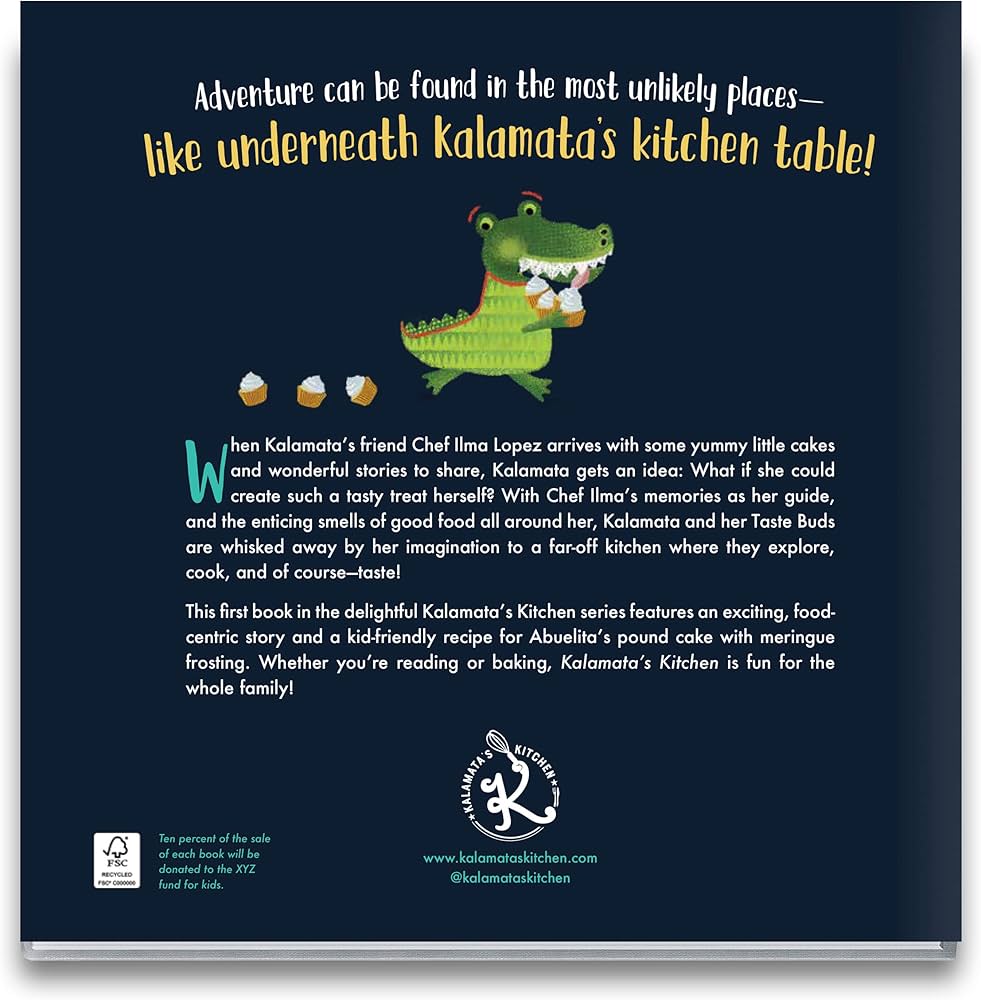Book cover with a cartoon crocodile and text about Kalamata's Kitchen series by Sarah Thomas on a dark blue background.