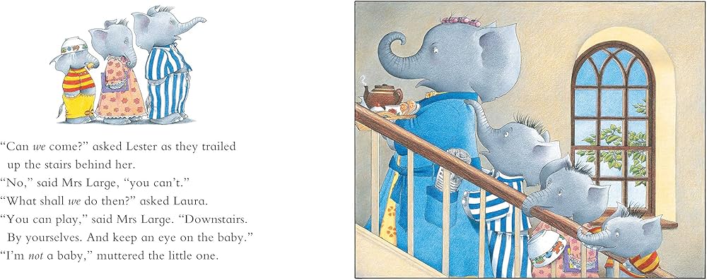 Illustration of elephants in a room with a window, from the children's book Five Minutes Peace & Other Stories (The Large Family) by Jill Murphy.