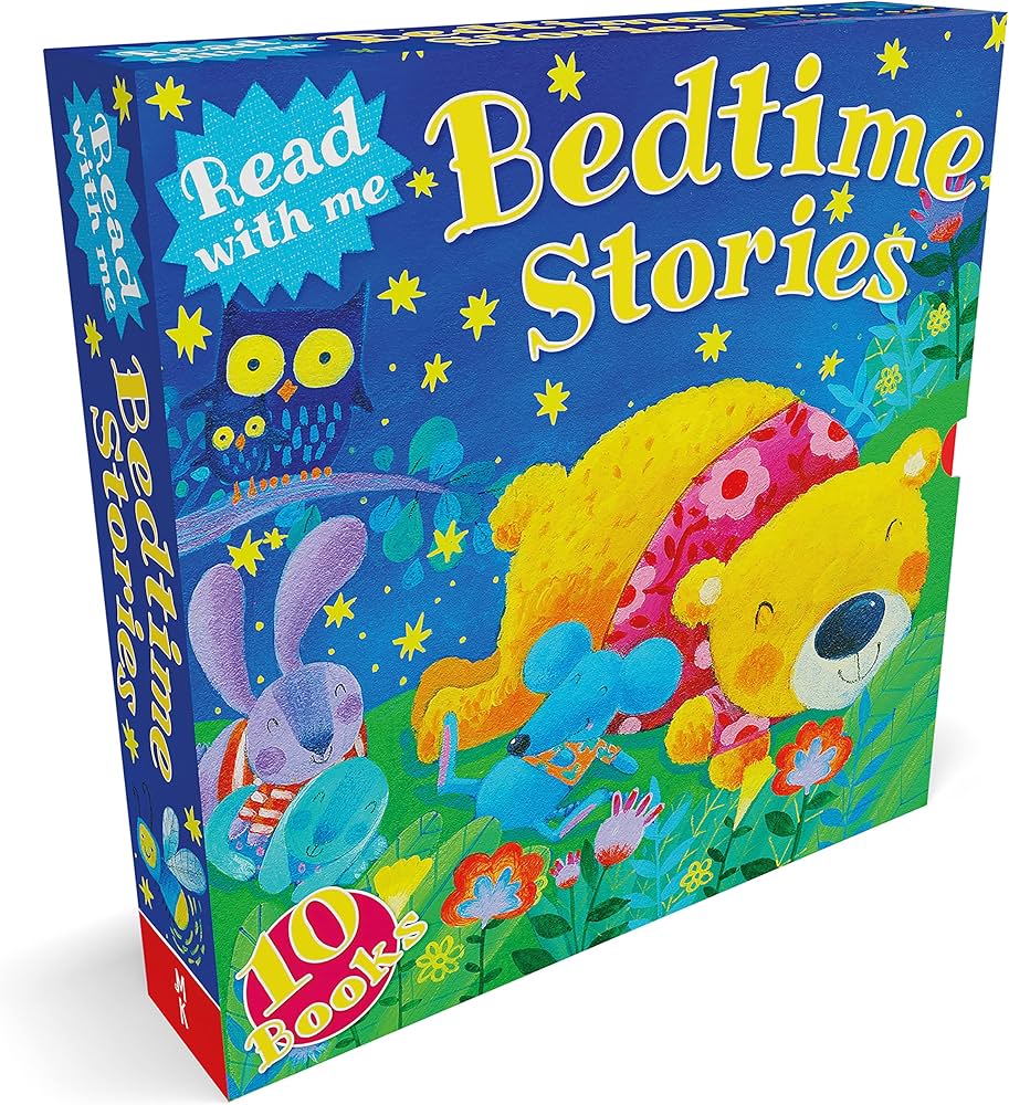 Children's book set with colorful illustrations of animals and stars on a blue background