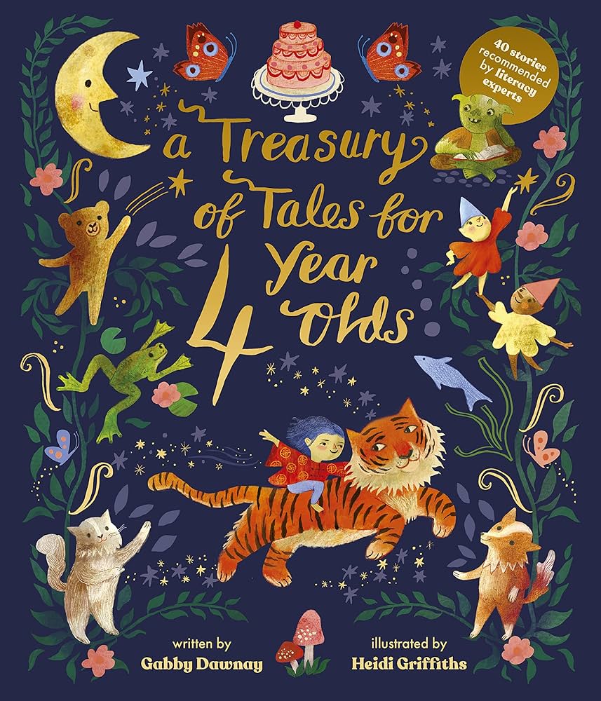 Book cover of A Treasury of Tales for Year 4 Odds, written by Gabby Dawnay with illustrations by Heidi Griffiths, with illustrations of animals and characters on a dark blue background.