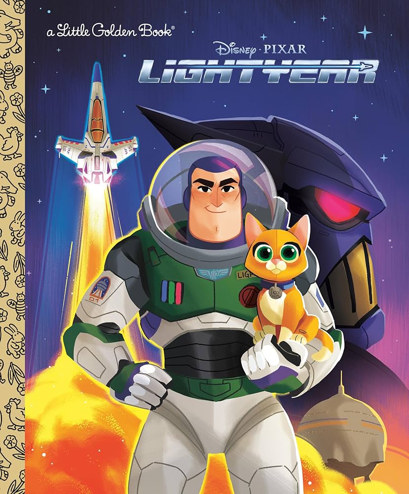 Disney Pixar Lightyear Little Golden Book cover with astronaut character Buzz Lightyear, his cat Sox, and their rocket ship.