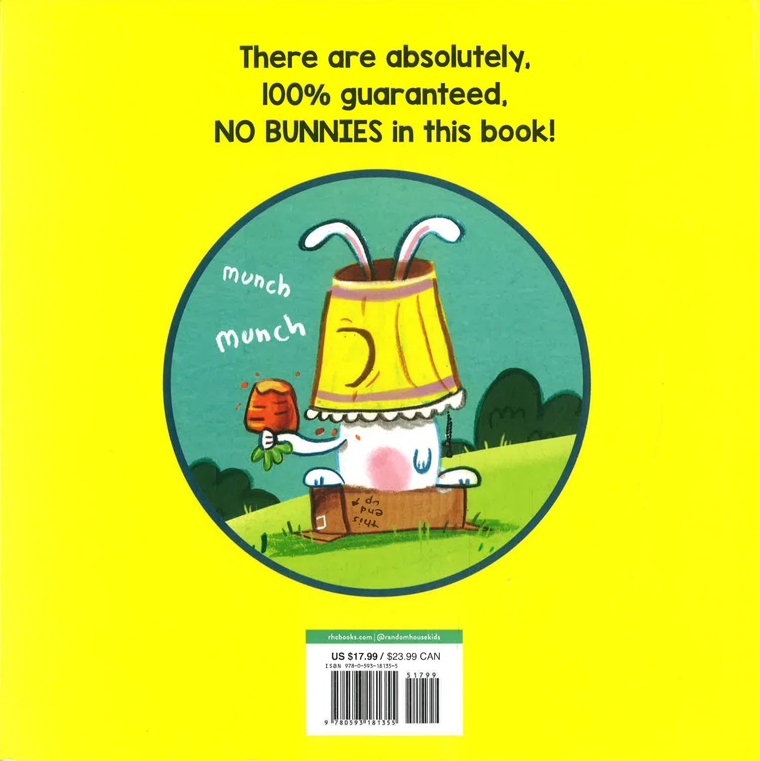 Back book cover  of No Bunnies Here! by Tammi Sauer and Ross Burach with cartoon character and text on a yellow background.