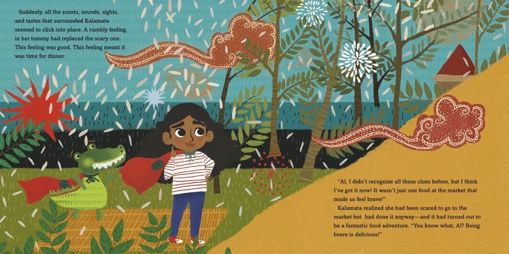 Illustrated book page with a child in a superhero costume in a colorful forest setting from Kalamata's Kitchen by Sarah Thomas.