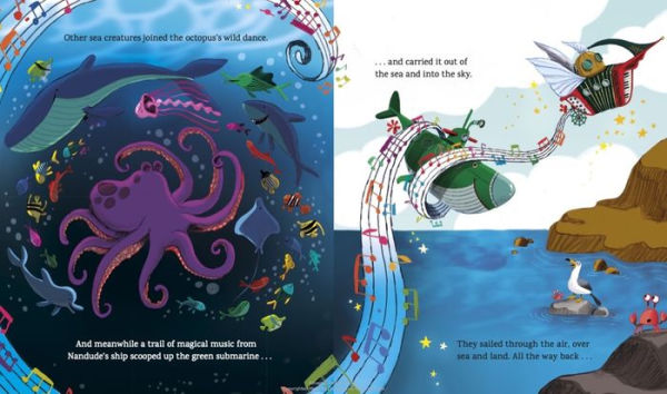 Illustrated book pages with underwater scene and magical train journey from Grandude's Green Submariner by Paul McCartney.