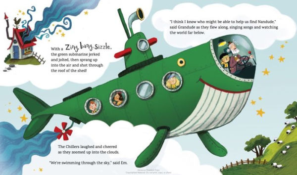 Illustration of a green submarine with characters on a cloud from the book Grandude's Green Submariner by Paul McCartney.