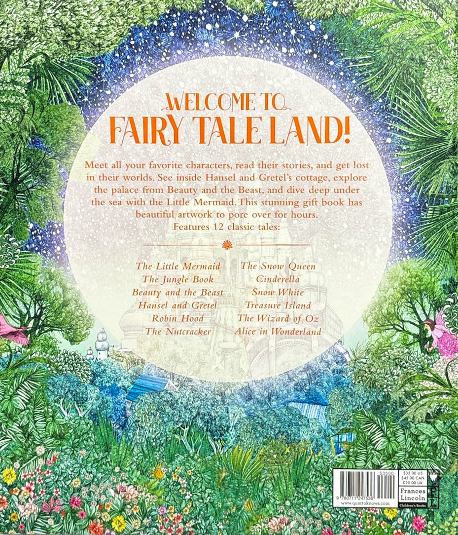 Back cover Fairy Tale Land: 12 Classic Tales Reimagined by Kate Davies, illustrated by Lucille Clerc.
