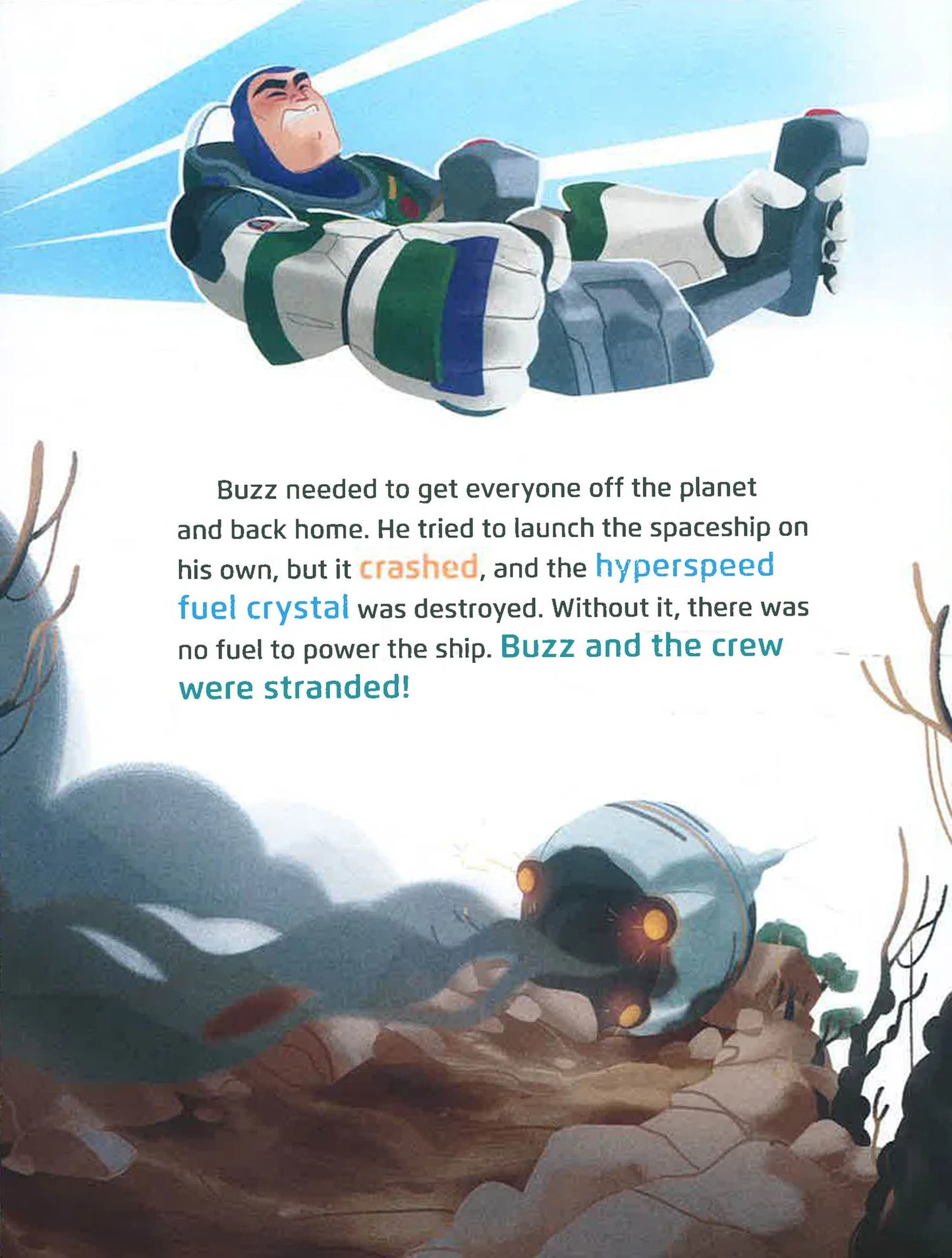 Illustration of Buzz Lightyear in space with text about a spaceship crash from Disney Pixar Lightyear Little Golden Book.