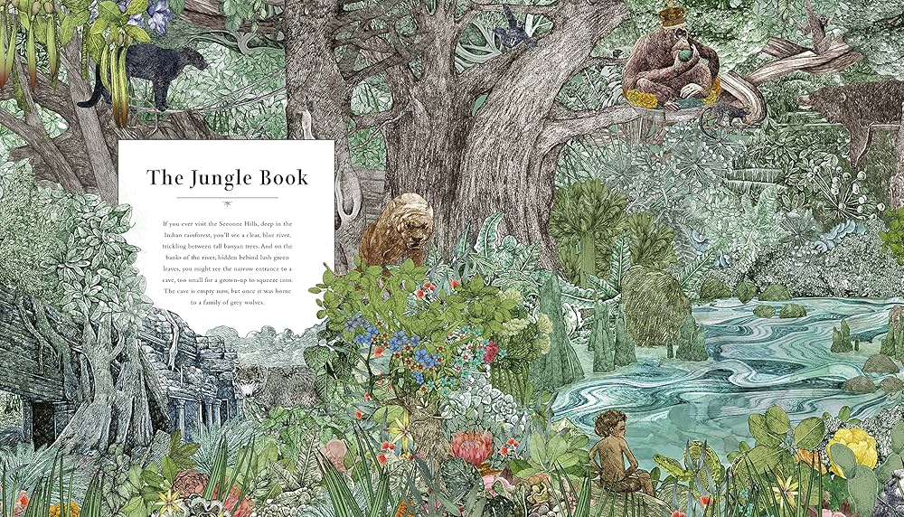 Illustrated scene of The Jungle Book with animals and a river in a forest setting from Fairy Tale Land: 12 Classic Tales Reimagined by Kate Davies, illustrated by Lucille Clerc.