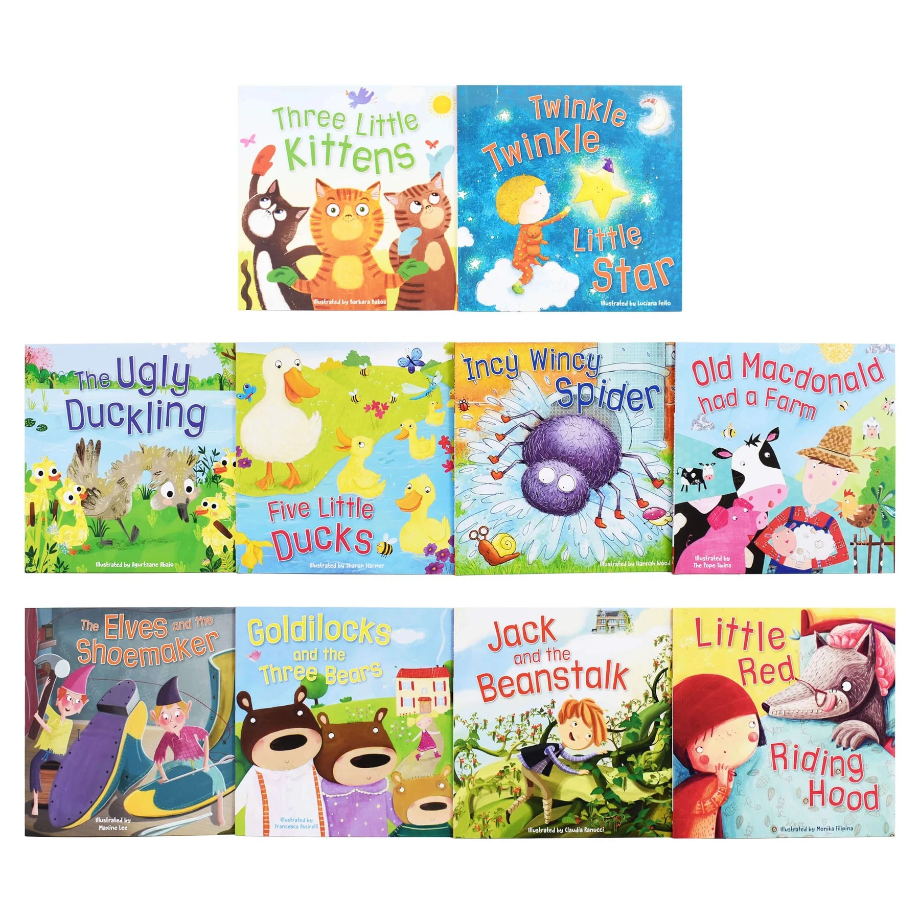 Collection of children's books with colorful covers and illustrations on a white background