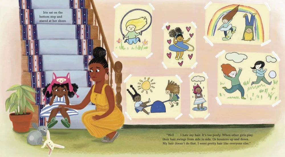 Illustration of a Black woman with her child on a staircase with various illustrated scenes around them from Most Perfect You, written by Jazmyn Simon and illustrated by Tamisha Anthony.