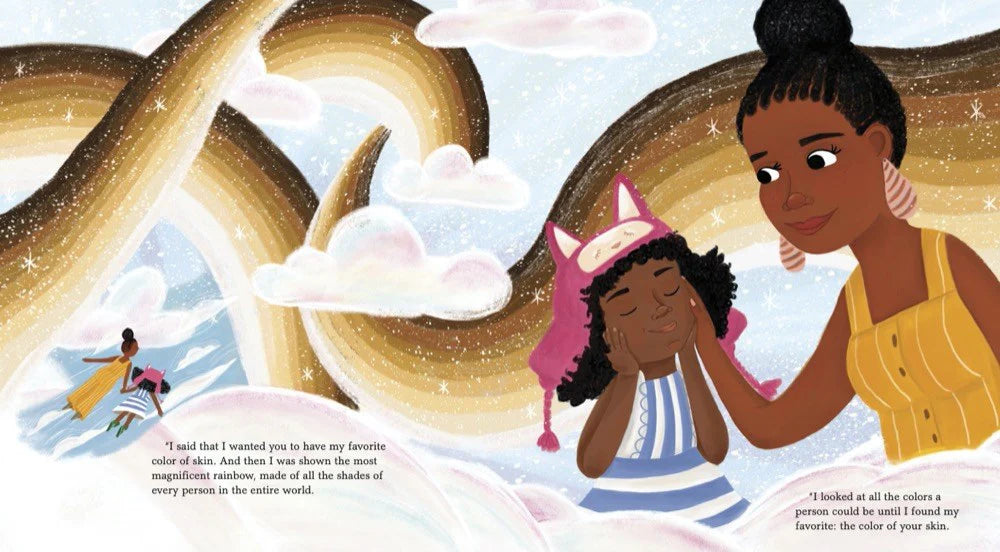 Illustration of a Black woman and child in a dream-like setting with swirling patterns and clouds from Most Perfect You, written by Jazmyn Simon and illustrated by Tamisha Anthony.