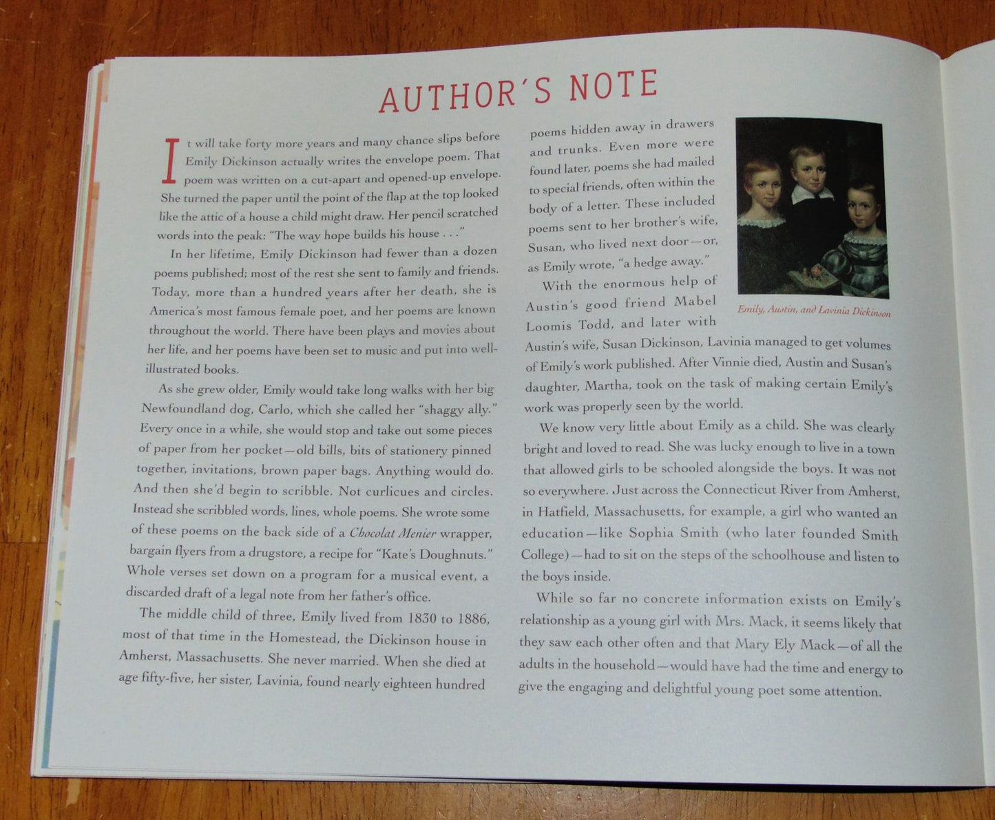 The author's note from children's picture book 'Emily Writes: Emily Dickinson and Her Poetic Beginnings' by Jane Yolen, illustrated by Christine Davenier.