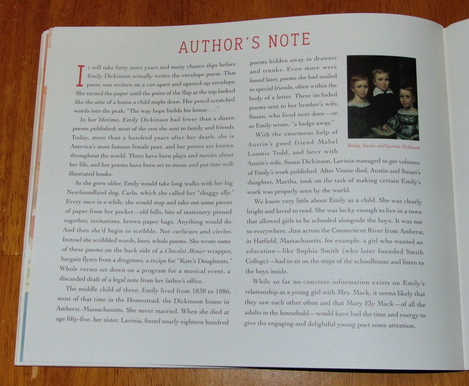 The author's note from children's picture book 'Emily Writes: Emily Dickinson and Her Poetic Beginnings' by Jane Yolen, illustrated by Christine Davenier.