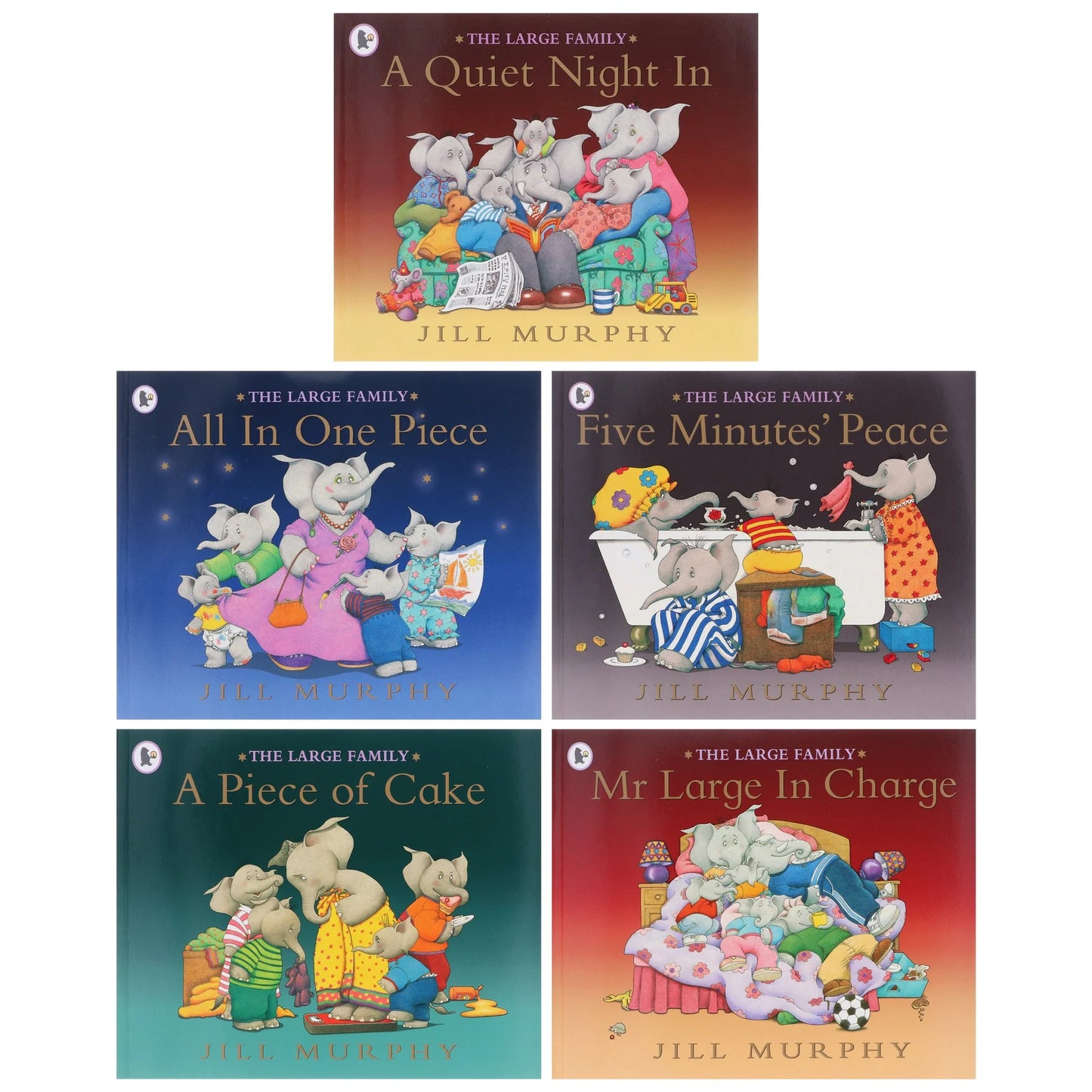 Collection of The Large Family children's books by Jill Murphy featuring illustrations of a large family of elephants, on a white background.